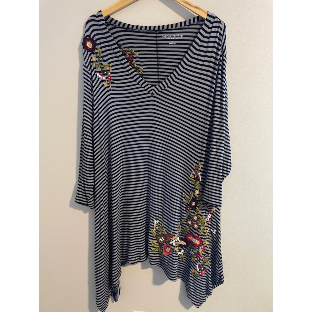 Soft Surroundings Striped Floral Embroidered Sharkbite Tunic Top  Womens 2X Boho